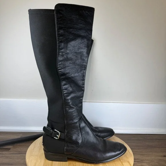 Coach Liza Tall Boots Women 7B Black Leather Stretch Buckle Knee High A8794 Good - Picture 1 of 8